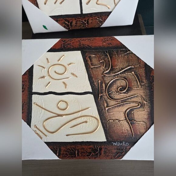 Abstract Symbolic Tribal Textured Hand Painted Wall Art Set Of 2 Signed 8x10 - Picture 2 of 8